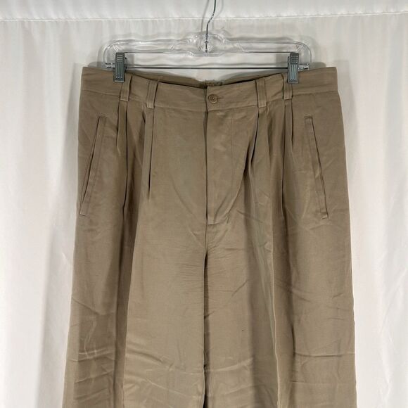 Axis Silk Blend Pants Men's 34x29 Khaki Beige Button Zip Dry Clean Pleated - Picture 2 of 11